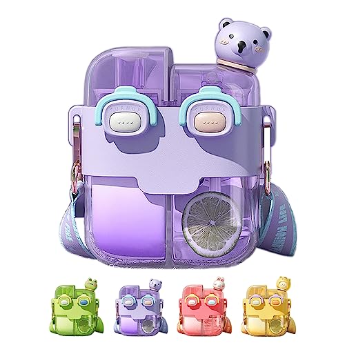 Eidiya Two Drink Kids Water Bottle with Straw Cute Aesthetic Large Capacity Two-Layer Cup for Little Girls Student Boys School Outdoor Travel, PP and PC Material, 18 oz (Lavender Violet)
