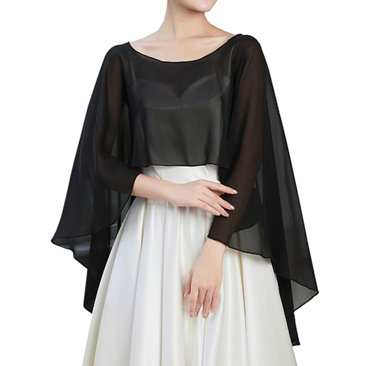 Toukingda Women's Black Sheer Chiffon Shawl Cape For High Low Capelet Long Shawl And Wrap For Wedding Dresses Bridal Bridesmaid Bolero Shrug Cover Ups For Evening Party Dress Elegant Sunblock Shawls (Black)