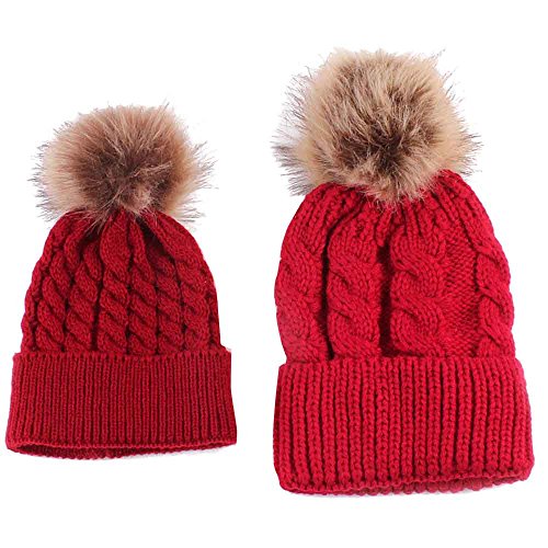 BlueSterCool Gorras Pelota de Felpa Sombreros de bebé Forme a Invierno el Sombrero Caliente de la mamá y del bebé Que Hace Punto (Rojo)