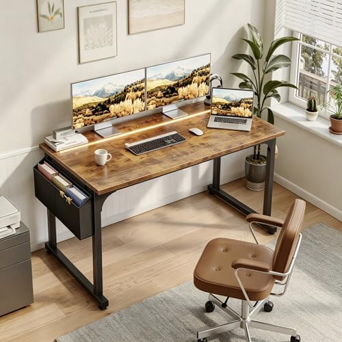 Image of DurayLoly 48 Inch Computer Desk with Waterproof LED Lights,Study Desk for Teens & Home Office,Headphone Hook & Storage Bag Included,Sturdy Metal Frame,Small Space Friendly,Rustic Brown