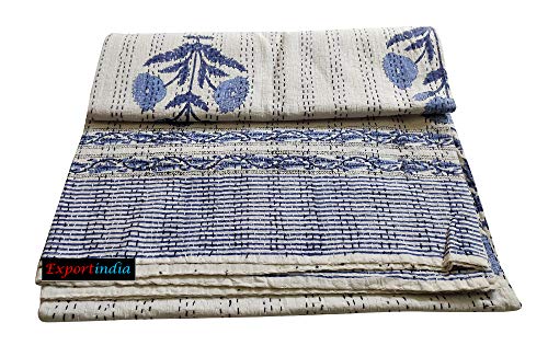 Exportindia Bedspread Hand Block Blue Floral Print Kantha Quilt 100% Cotton Handmade Kantha Quilt Flat Blanket,Bedsheet Coverlet Sofa Cover