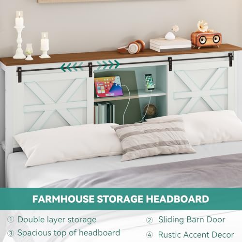 YITAHOME Farmhouse Queen Size Bed Frame with Headboard, Bookcase Storage Shelves, Sliding Barn Door, Charging Station, Rustic Wood Platform Bed, No Box Spring Needed, White