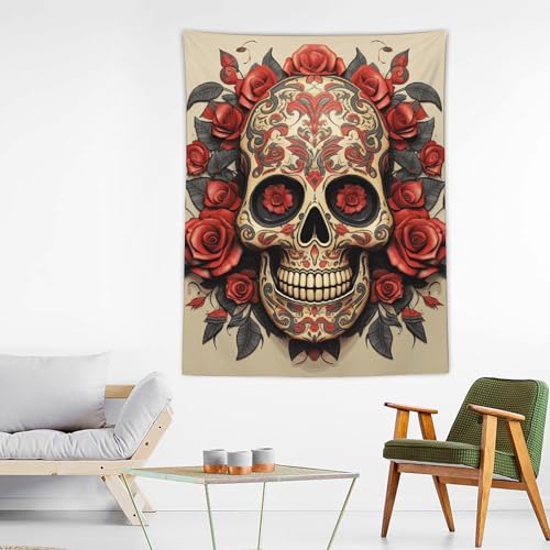 Tapisserie tête de mort en sucre rose rouge 152x203 cm