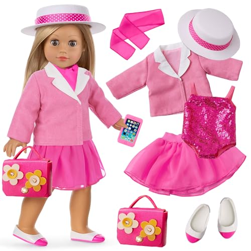 18 Inch Doll Clothes 8-Piece Stylish Pink Outfit Accessories Sets for American 18 Inch Dolls Outfits Trendy Clothes Red Flower Handbag Stuff Accessories for Dress-Up Play (Doll NOT Included)