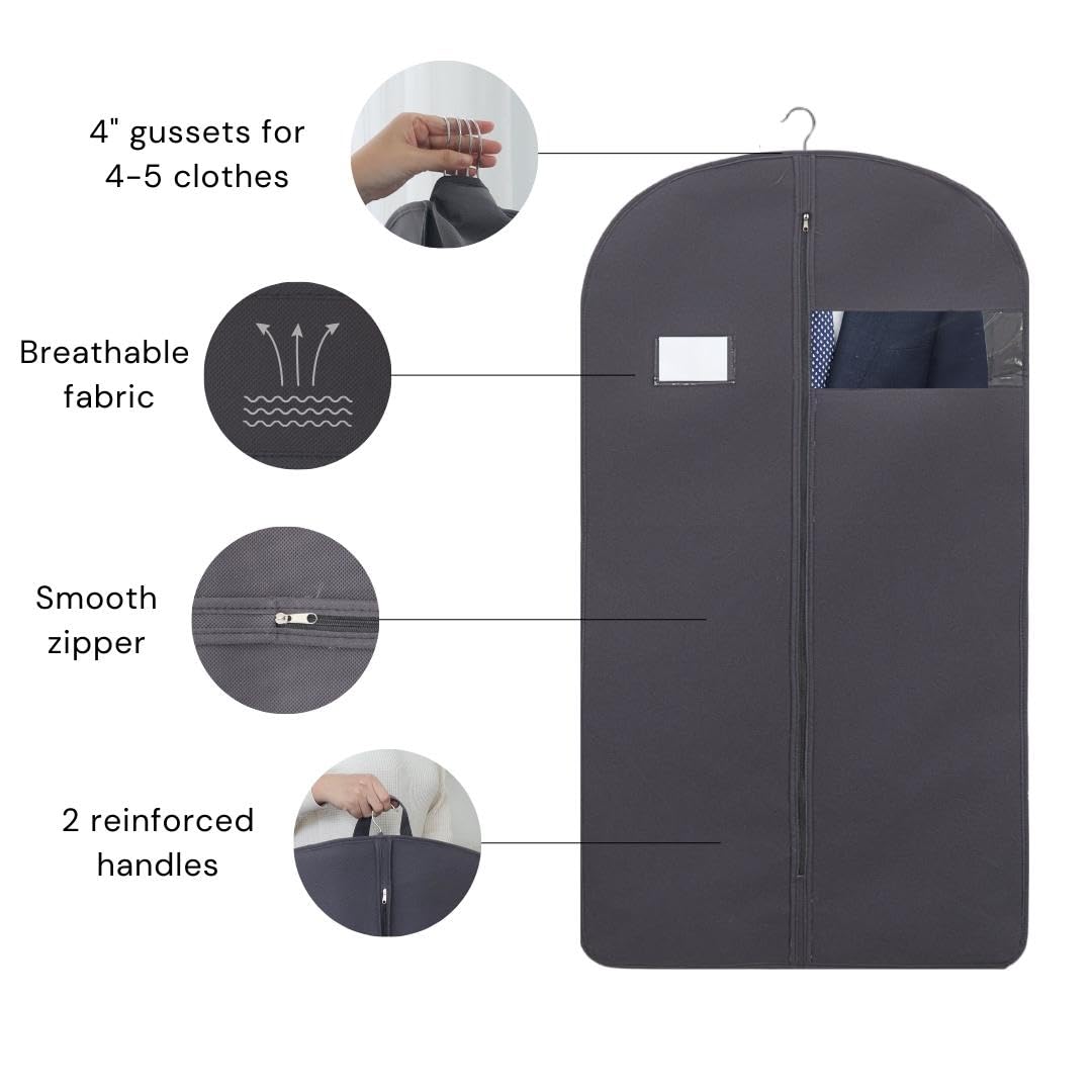 Bolsas de ropa de 43 pulgadas para colgar ropa, bolsas de traje para hombres de viaje con coche, bolsas de ropa para almacenamiento con asa, ventana transparente y etiqueta de nombre