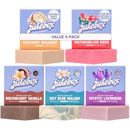 JUKEBOX Natural Womens Bar Soap Creamy Lather Shower & Bath Soap Sky Blue Malibu + Watermelon Rush + Coconut Dreamin + Moonlight Vanilla + Mystic Lavender 5oz (5-Pack)