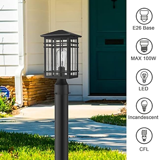 Outdoor Post Lights Fixture - Exterior Post Lantern with Seeded Glass in Black Finish - Pillar Light Ideal for Patio, Pathway, and Driveway - Outdoor Pole Lights for Porch Post Lighting, Black
