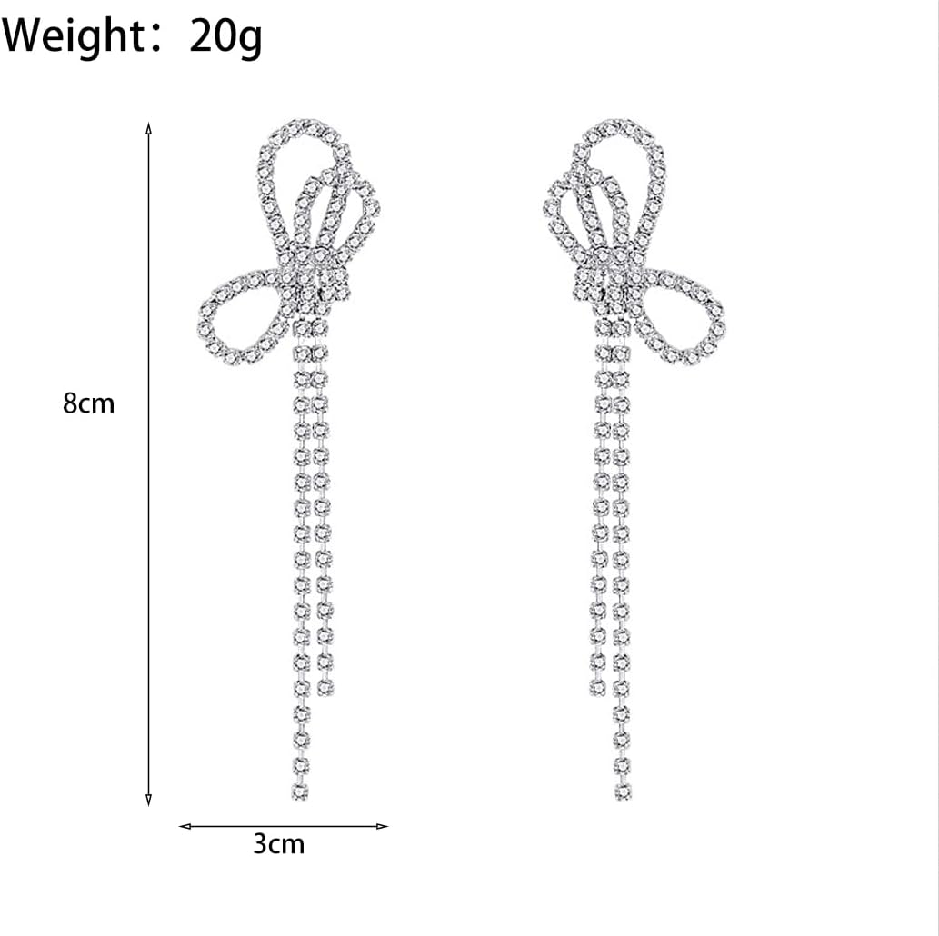 Long Rhinestone Bow Tassel Earrings for Women Sparkling Crystal Ribbon Bowknot Linear Dangle Earrings Minimalist Bow Dangling Earrings Prom Jewelry - Image 3