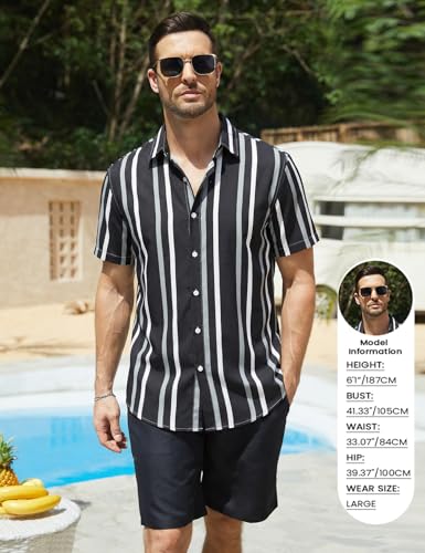 Image of Yimoon Men's Summer 2 Piece Outfits Tropical Print Short Sleeve Button Down Hawaiian Beach Shirt and Shorts Set