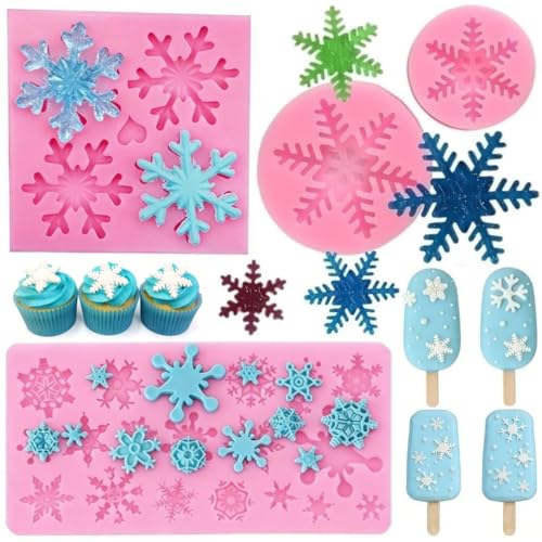 4 Pieces 3D Snowflake Silicone Mold Winter Snowflake Fondant Silicone Mold for Cake Cupcake Decoration Polymer Clay Crafting Projects