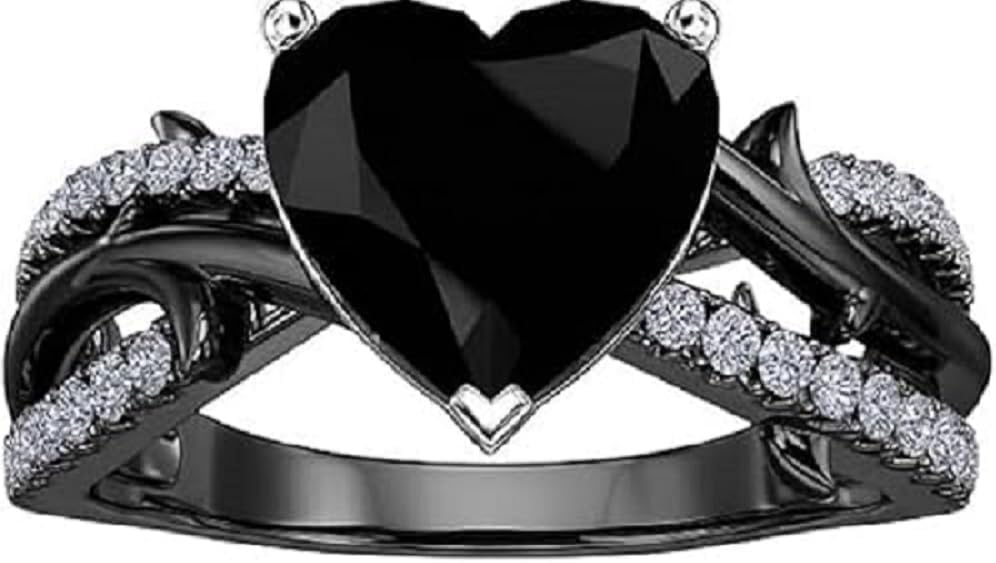 925 Sterling Silver Heart Cut Black Diamond Twisted Thorn Engagement Wedding Ring for Women's In 14K White Gold Finish
