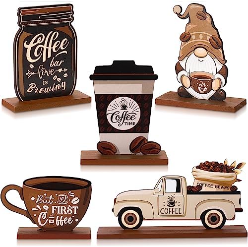 Blulu 5 Pieces Coffee Bar Decor Sign Farmhouse Coffee Bar Wood Signs Rustic Cafe Wooden Table Centerpiece Cafe Table Tiered Tray Decor for Home Kitchen Decorations