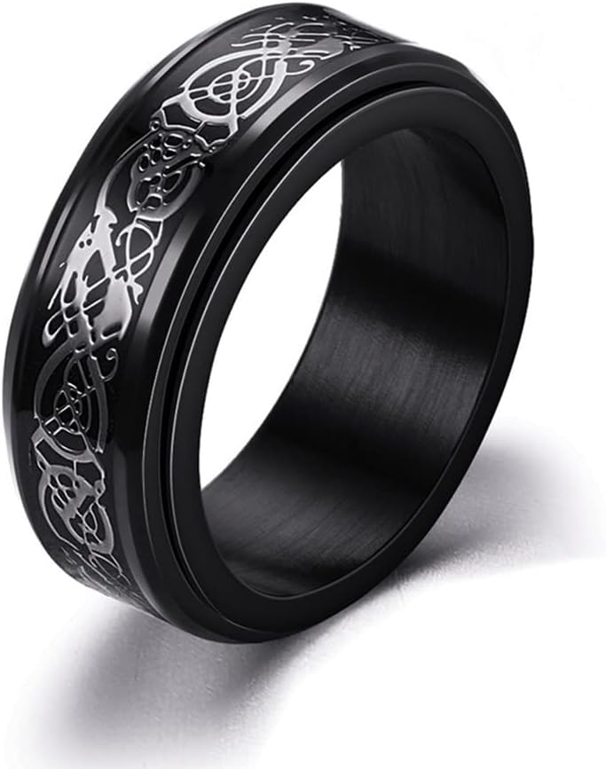 Celtic Dragon Spinner Ring for Men and Boys Royal Blue Silver Dragons Fidget Ring Anxiety Stress Releasing Worry Ring Black Titanium Steel Wedding Band Rings