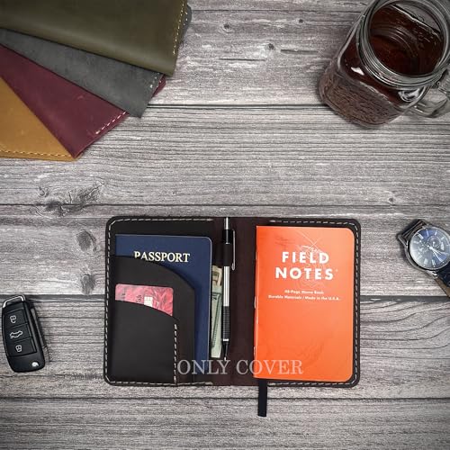 Thot Ra Leather Cover for Field Notes, Passport Cover, Leather Notebook Cover for 3.5" x 5.5" with Pen Holder, Only Cover (Dark Brown)4