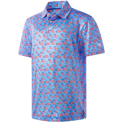 Boys Polo Shirts Performance Dry Fit Kids Polo Shirts for Boys USA American Flag Blue Print Boys Golf Polos Short Sleeve Casual Collared Golf Shirts for Boy 10-12 Years