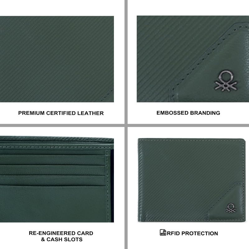 Image of United Colors of Benetton Men's Leather Wallet Louth - Olive | Slimfold Wallet with RFID Protection, Multiple Card Slots | Coin Pocket | Bi-Fold Purse for Men | Ideal for Gifting