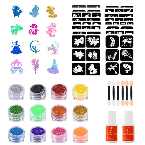 LOPHE Glitter Tattoo Kit for Kids - 16 Reusable Stencils 12 Colour Glitter 2 Glue 10 Brushes Safe Body Art | Animal Mermaid Christmas Designs | Birthday Party Halloween Face Paint Gift