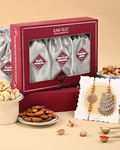 Image of Hyperfoods Rakhi For Brother Gift For Brother 300 Grams DryFruit Potli Gift Pack Rakhi Gift For Brother DryFruit Gift Pack Rakhi Set For Bhaiya Bhabhi Morpankh Rakhi Set