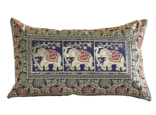 Image of Ravaiyaa - Attitude is everything Banarasi Brocade Silk Pillow Cover Elephant Design Cushion Pillow Sham Case Home Decorative Set of 2 Piece 12 inch X 20 inch Inch