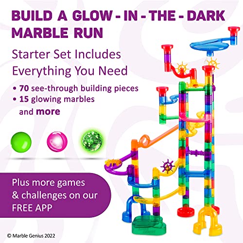 Marble Genius Marble Glow Run Race Track Set Glow In The Dark (115 Pcs) Stem Educational Building Block Toy, Instruction App Access & Full Color Instruction Manual, Great Gift For Kids, Starter Set #TOP2