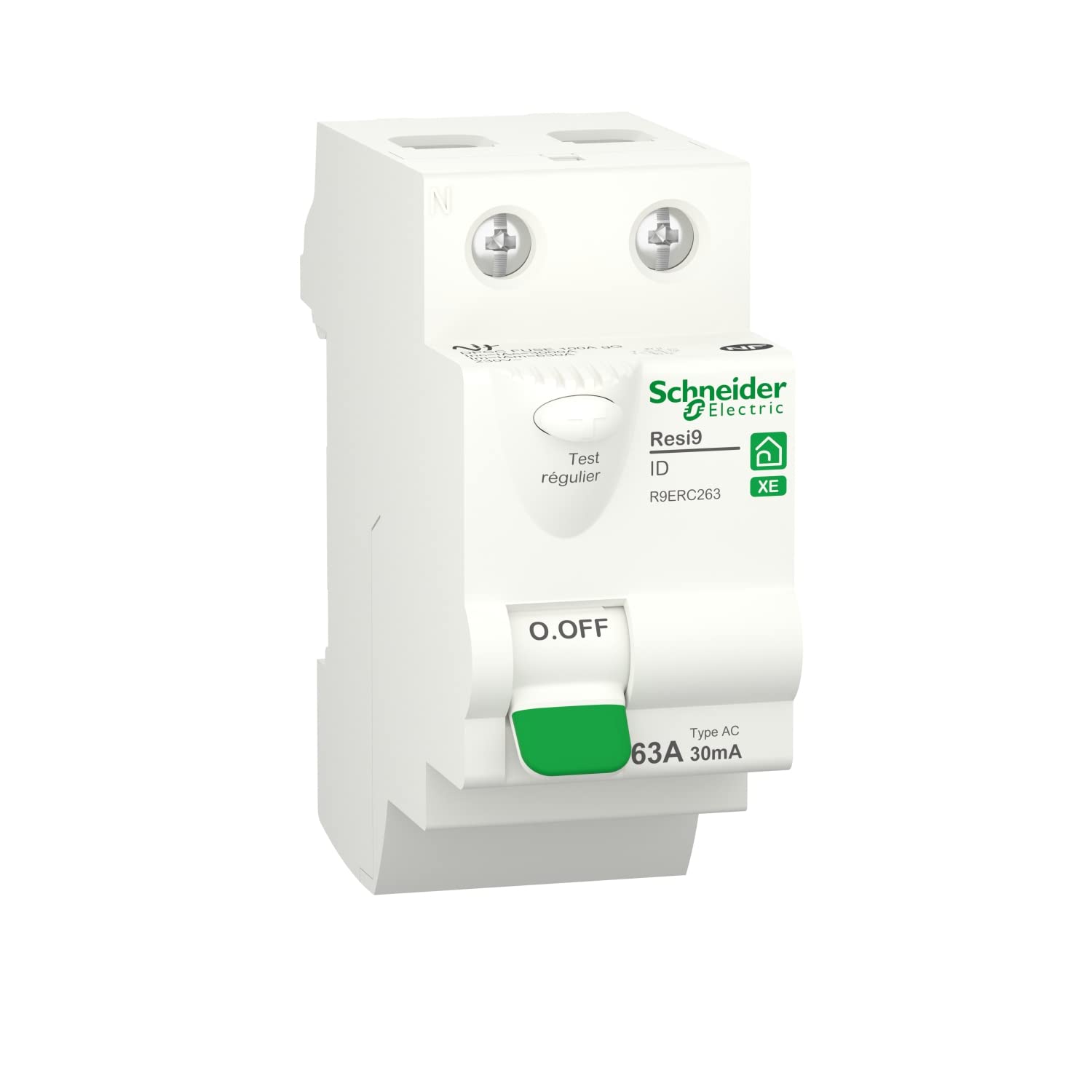 Schneider Electric R9ERC263 Resi9 XE, interrupteur différentiel, 2P - 63A, 30mA, Type AC, embrochable