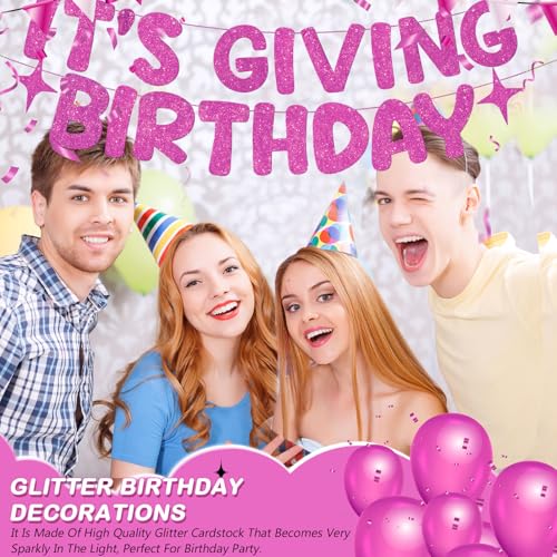 Image of Fulmoon Pre Strung It's Giving Birthday Banner Sparkle Glitter HBD Sign Sweet 16th, Preppy, Cute 21st Birthday Party Decorations Photobooth Backdrop(Hot Pink)