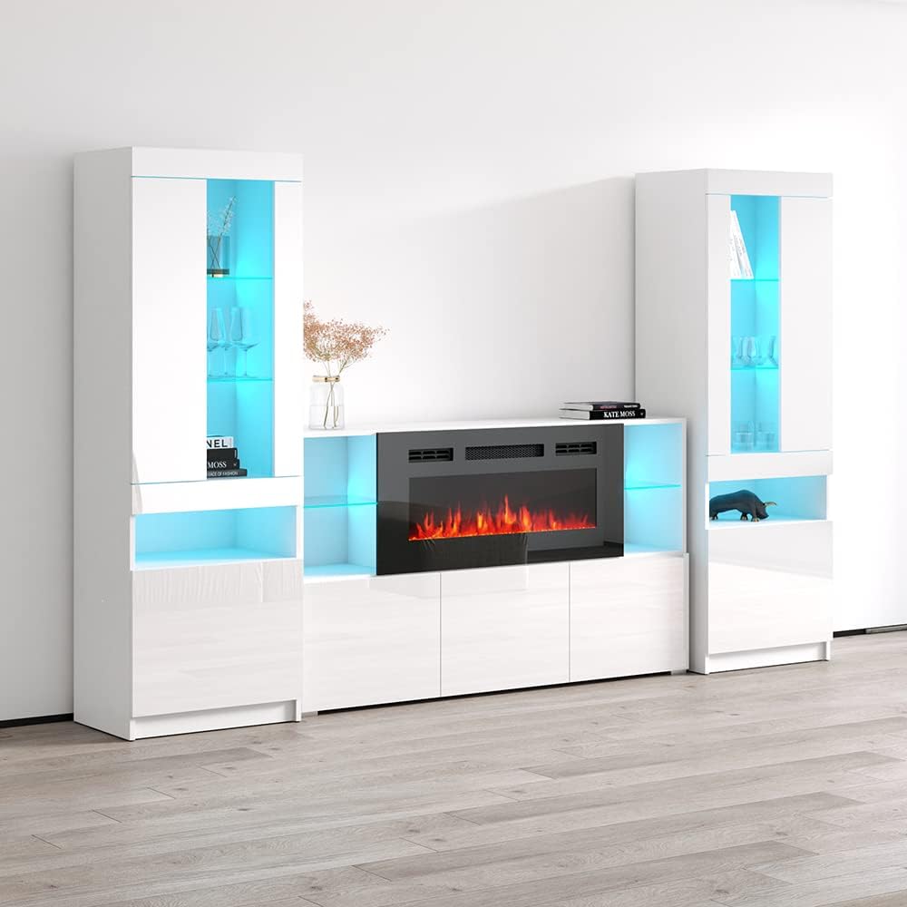 Meble Furniture Komi 03 Electric Fireplace TV Stand — Modern Entertainment Center with Storage and LED Lighting — 70.9" W x 15.7" D x 28.3" H — White