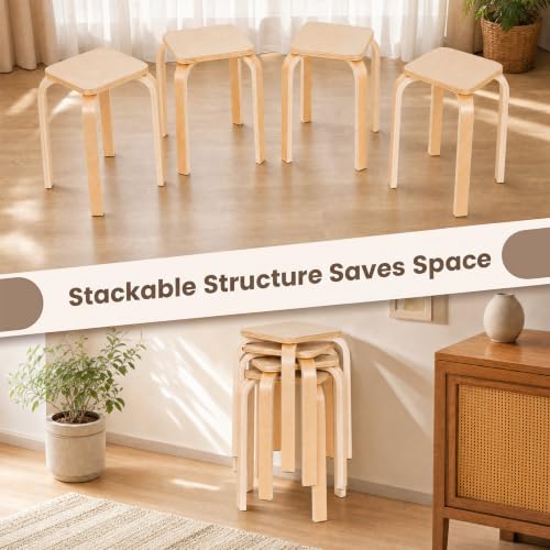 Image of COSTWAY 18-Inch Stackable Wooden School Stools Set of 4, Natural
