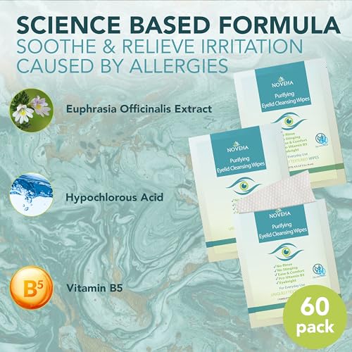 NOVEHA Eyelid & Lash Wipes | For Itchy, Dry Eyes, Styes & Blepharitis, Demodex | lid and lash Cleansing Wipes, Hypoallergenic & Soothing For Sensitive Eyes, Pack of 60