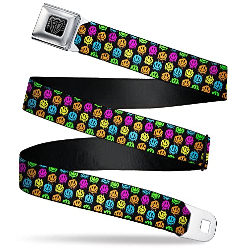 Buckle-Down Belt, Seatbelt Buckle Belt, Smiley Faces Melted Mini Repeat Black Multi Neon, 24 to 38 Inches