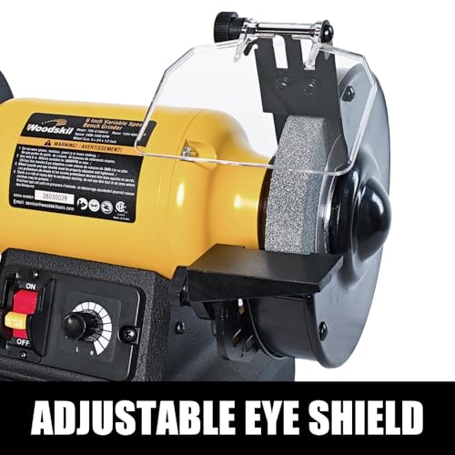 Image of Woodskil 6 Inch Variable Speed Bench Grinder, 2000-3400 RPM Adjustable Speed, 2.5A Motor, Dual Grinding Wheels 36 & 60 Grit, Adjustable Tool Rest, Eye Shield for Sharpening Knives, Tools, Metal