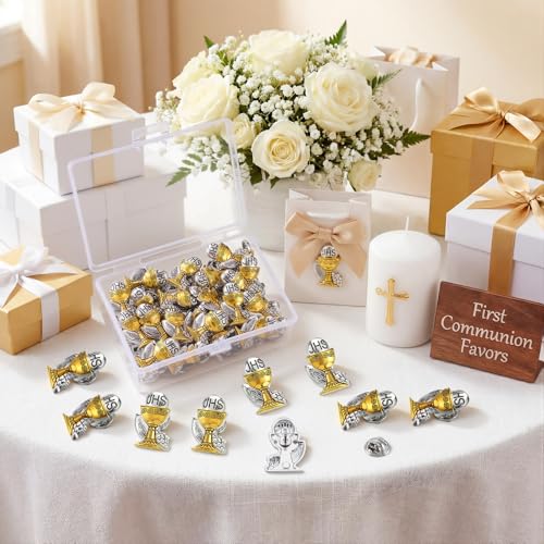 Image of Hoteam 50 Pcs First Communion Enamel Lapel Pins Bulk Chalice with Grapes and Wheat Gold Plated Religious Pins Gifts for First Holy Communion Catholic Baptism Christian Memorial Favors