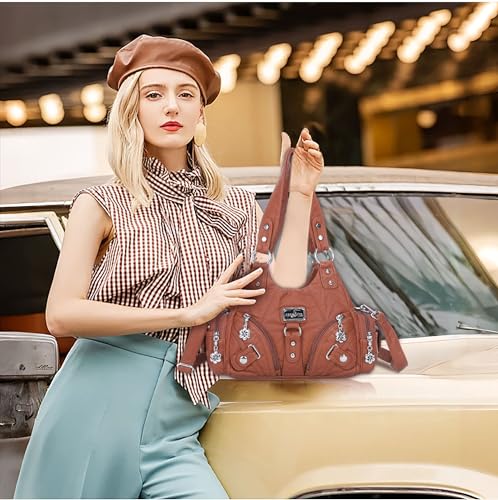 Image of Angel Kiss Purses for Women Small Hobo Shoulder Bags Vagen Leather Multi-Pocket Tote Bag with Zipper