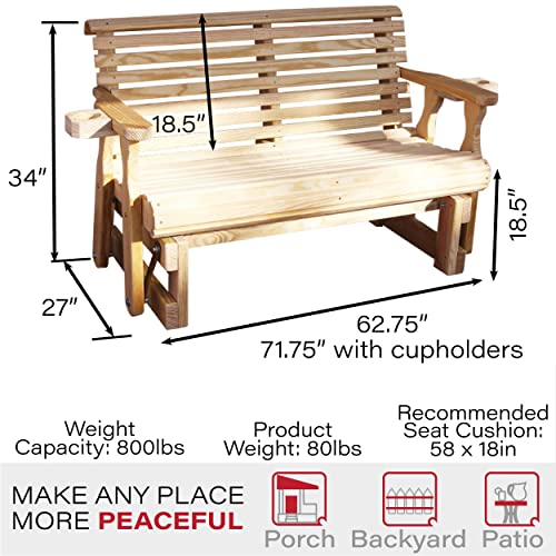 Image of Amish Casual Heavy Duty 800 Lb Roll Back Pressure Treated Porch Glider with Cupholders (5 Foot, Unfinished)