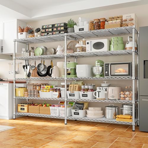 Image of REIBII 69.8 inch W Storage Shelves 1510LBS Wire Shelving Unit 5 Tier Metal Shelving for Storage Rack Shelves Adjustable Heavy Duty Garage Shelf Pantry Shelves Kitchen Shelving,69.8 inchWx15.8 inchDx72.4 inchH,Chrome