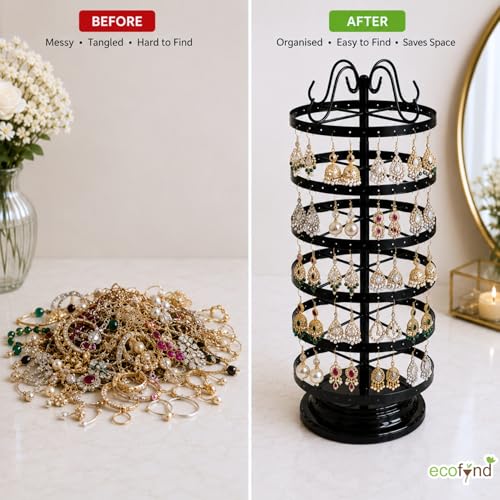 Image of ecofynd 6-Tier Metal Jewelry Organizer Stand with 144 Holes, 360 Rotating 21-Inch Holder for Earrings, Necklaces, Bracelets & Rings, Space-Saving Display for Vanity & Dressing Table (Black, JS009)