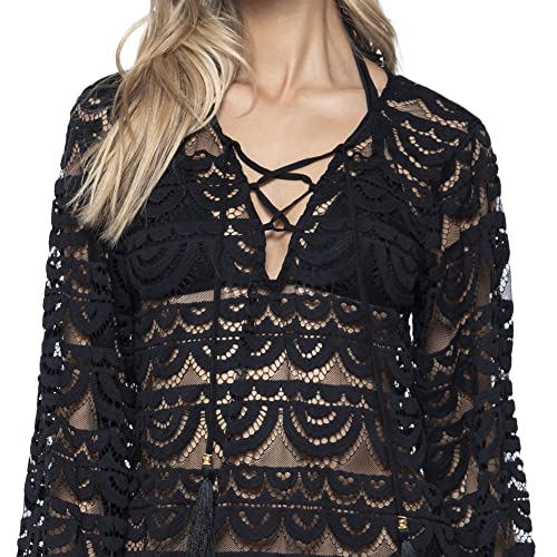 Pq Swim Women's Noah Black Gold Tunic Cover-Up - Scalloped Hem, Lace Up Front Tie - X-Small/Small #TOP1