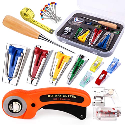 MORFEN Bias Tape Makers Set - Fabric Bias Tape Makers Kit with Binder Foot, Quilting Clips, Awl, Tape Measure, Fabric Cutter, Practical Set for Sewing Quilting Binding