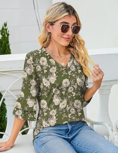 Image of TFSDOD Womens V Neck 3 /4 Bell Sleeve Tops Frill Neck Tiered Ruffle Sleeve Shirts Casual Spring Summer Loose Tunic Blouses