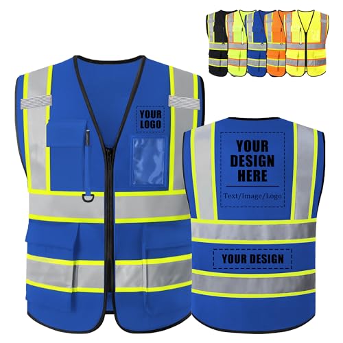 Safekim Custom Safety Vest with Logo, High Visibility Reflective Blue Personalized Safety Vest for Men Women, Customized Construction Work Vest with Pockets and Zipper
