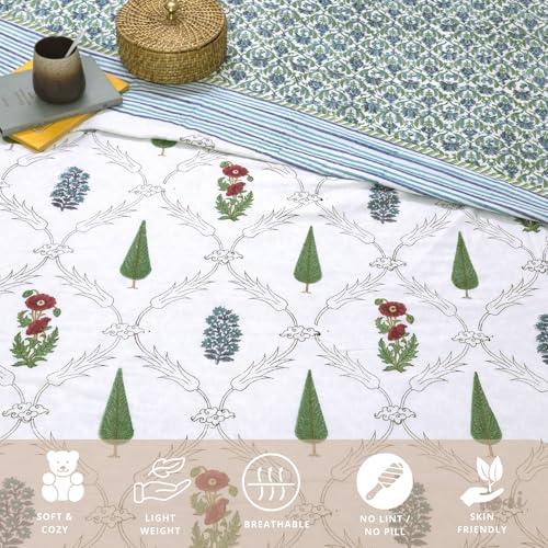 Image of TOAIArt Premium Jaipuri Dohar | AC Blanket Summer Quilt | Hand Block Printed | 3 Layers | Reversible | 150GSM 100% Mulmul Cotton | 100% Cotton Flannel Filling | Queen 90 inch X 108 inch |Adil Jaal