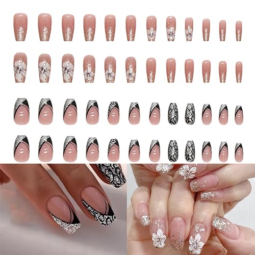 48 uñas postizas con purpurina natural, uñas cortas a presión, uñas acrílicas brillantes para mujeres y niñas, accesorios de arte de uñas