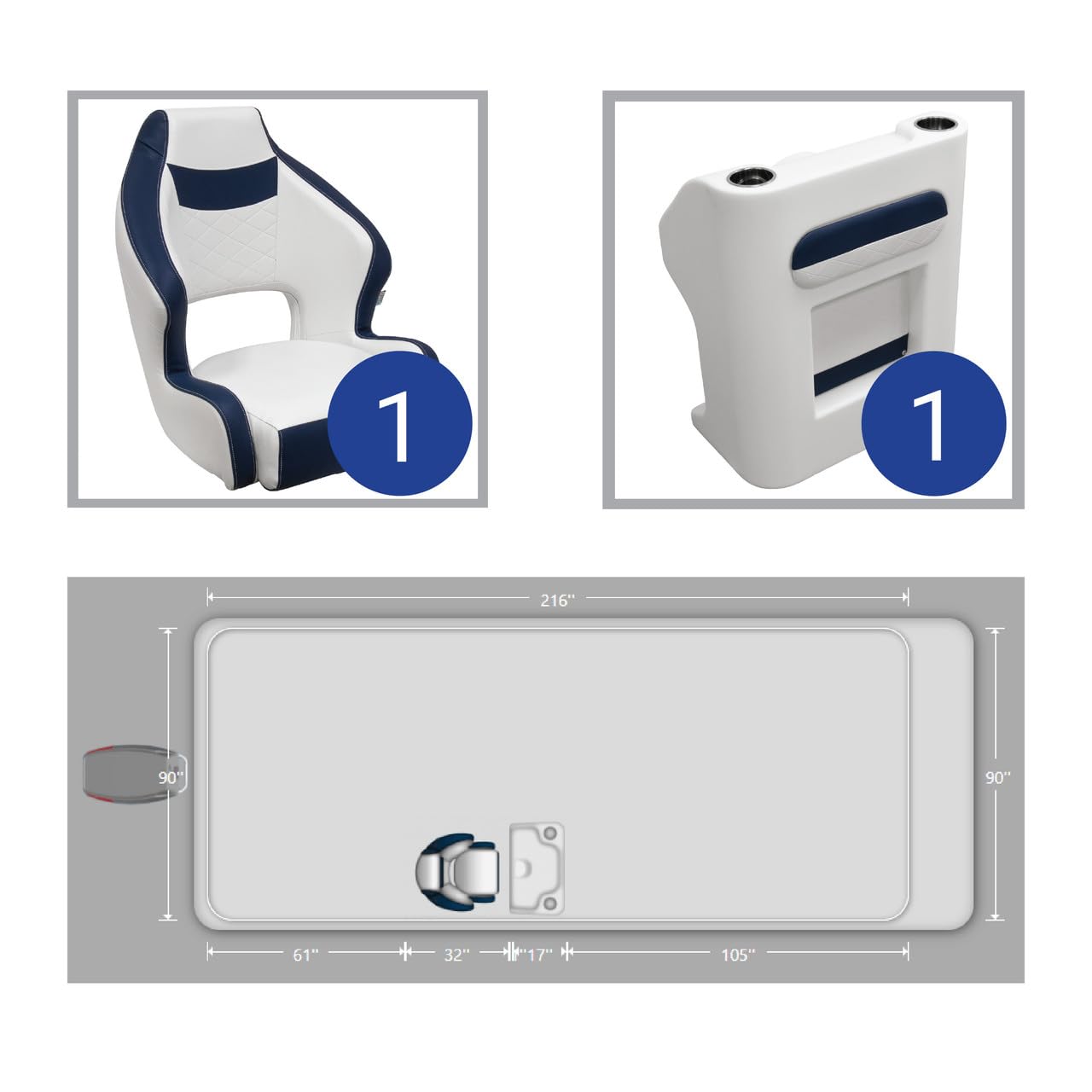 Wise DLX Bucket Seat & Console Pontoon Furniture Set – XL Marine Pilot Chair with Steering Console – 28oz Marine-Grade Vinyl – Ideal for Pontoon Boat Helm Station (Brite White/Mariner Blue)