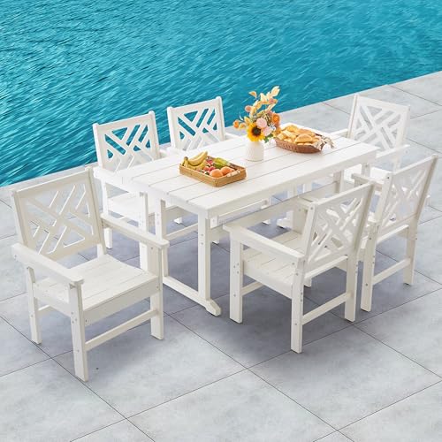 AZXZCS HDPE Dining Table Set for 6,7-Piece Outdoor Table and Chairs Include 6 Dining Chairs and 62.5" Patio Dining Table with Umbrella Hole (White)