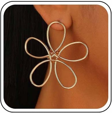 Vintage Large Flower Earrings Wire Flower Dangle Earrings Gold Big Flower Stud Earrings Hollow Metal Flower Earrings Statement Floral Drop Earrings Jewelry for Women