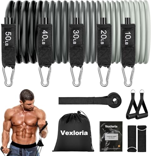Vexloria Gomas Elasticas Musculacion, 5 Niveles de Resistencia, con Anclaje para Puerta, Asas, Correa para Tobillo, Ideal para Pilates, Yoga, Desarrollo Muscular, Gris