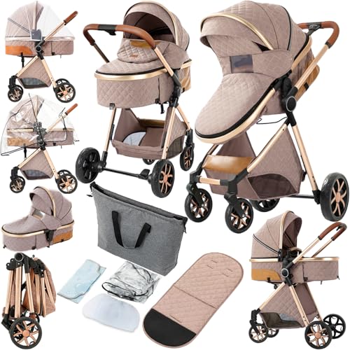 Image of 2 in 1 Baby Stroller, Convertible Pram, Reversible Standard Stroller, Portable Baby Buggy, Infant Carriage, Foldable High Landscape Pushchair for Toddler Newborn (225 Khaki)