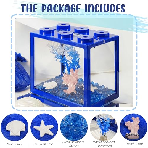 Image of Small Betta Fish Tank, Mini Fish Tank Aquarium Tank Kit with Blue Gravel & Resin Decorations, 0.6 Gallon Stackable Fish Bowl Tiny Desktop Aquarium for Sea Monkey Shrimp (Blue)