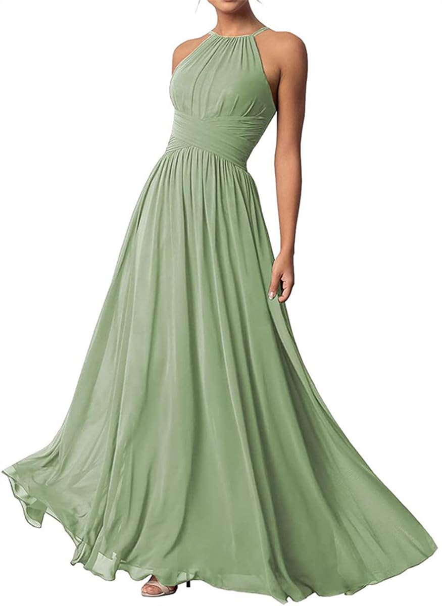 Wseyu Women's Sage Sleeveless Halter Neck Chiffon Evening Gown Pleated Long Bridesmaid Dress Uk14
