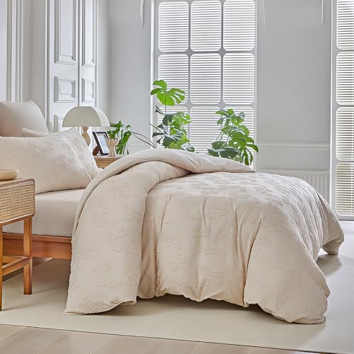 Image of 7 Pieces Bow Comforter Set for Girls Kids Khaki Tufted Boho Bedding Set Full Size Farmhouse Bed in A Bag as Gifts (1 Comforter, 1 Flat Sheet, 1 Fitted Sheet, 2 Pillowcase and 2 Pillow Sham)